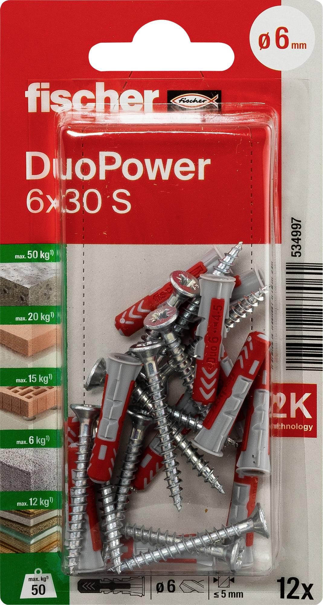 Fischer 534997 DuoPower 6 x 30 S K NV Plugg-set 30 mm 6 mm 1 set