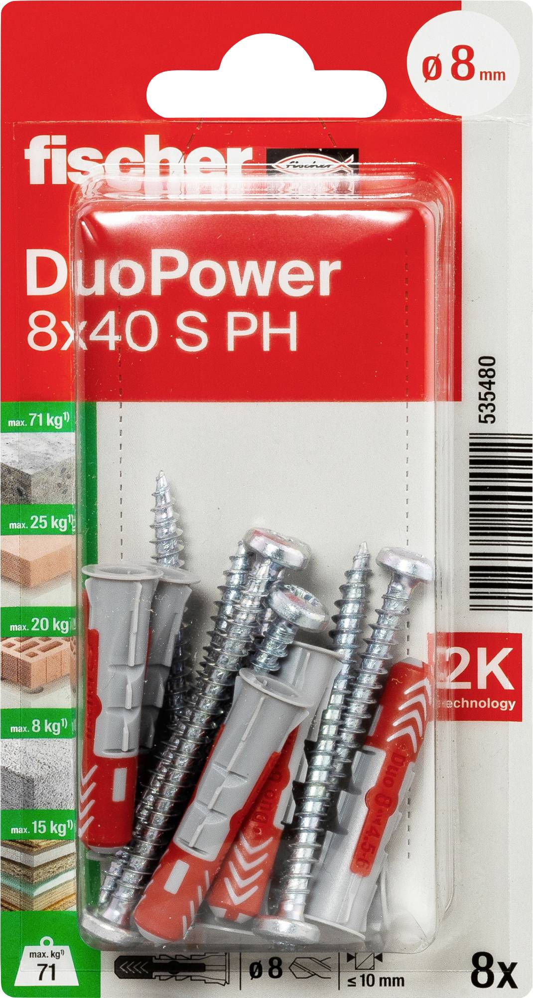 Fischer 535480 DuoPower 8 x 40 S PH K NV Plugg 40 mm 8 mm 1 set