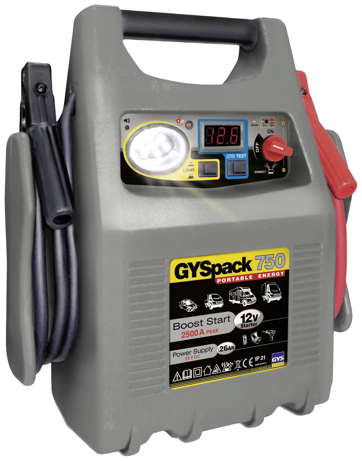 GYS Starthjälpsystem Gyspack 750 026179 Startström (12 V): 750 A Arbetsljus, Spänningsomvandlare 230 V, Polaritetsskydda