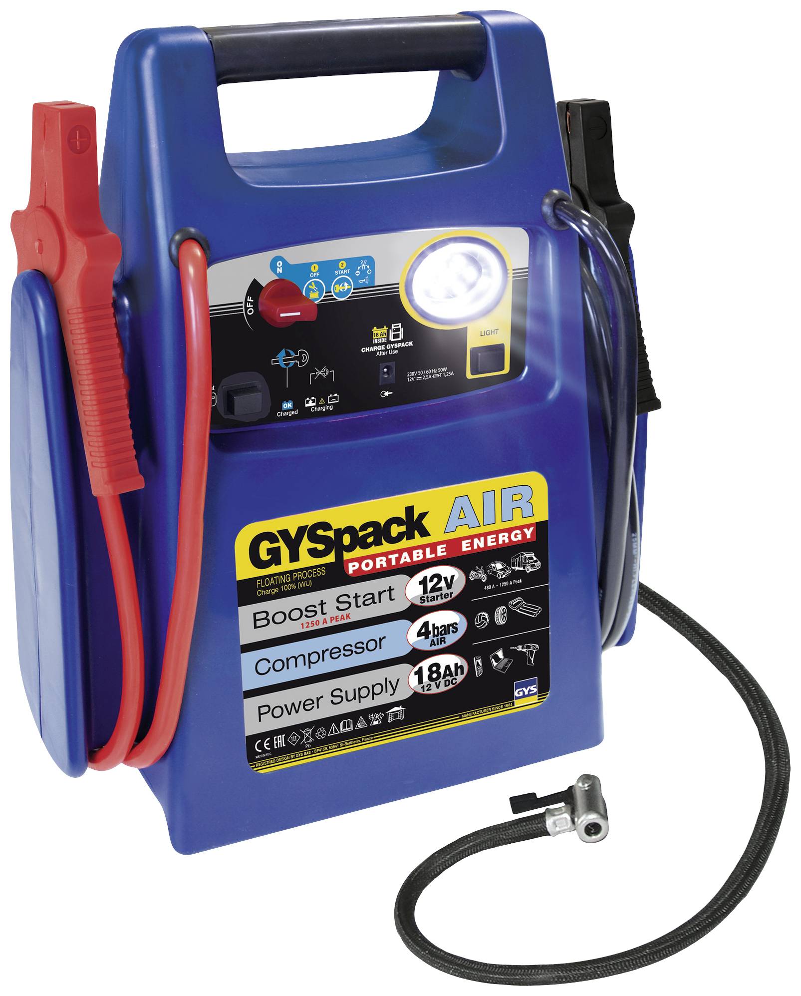GYS Starthjälpsystem Gyspack Air 3in1 026322 Startström (12 V): 480 A Spänningsomvandlare 230 V, Kompressor, Polaritetss